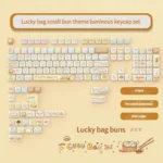 Plump, adorable lucky bun keycap set shown from various angles, highlighting its soft internal luminescence and whimsical design, a charming desk.