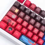 Iconic Marvel keycaps set, custom Iron Man and Captain America designs, captured from various premium angles. A bold, heroic, artistic keycap set.