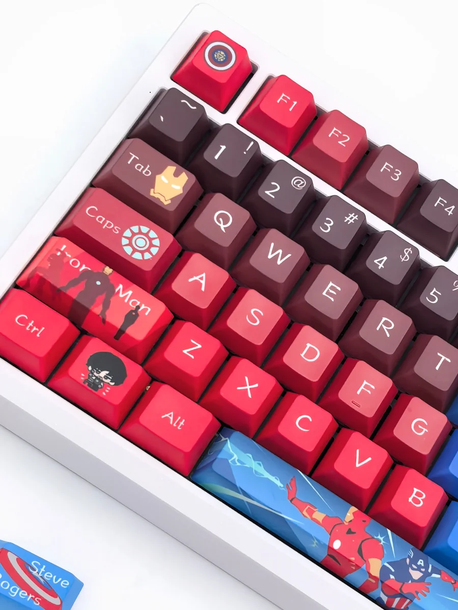 Iconic Marvel keycaps set, custom Iron Man and Captain America designs, captured from various premium angles. A bold, heroic, artistic keycap set.