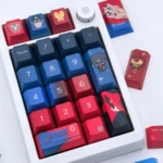 Close-up gallery views of the premium Marvel keycaps set, featuring detailed Iron Man and Captain America designs from multiple angles, showcasing the icon design.