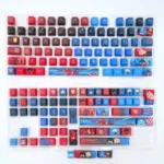 Multiple angles showcase the intricate craftsmanship of this premium Marvel keycap set, featuring bold Iron Man and Captain America custom designs.