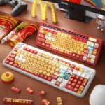 Playful McDonald's MOA PBT keycaps fun set, showcasing vibrant red, yellow, and white colors with iconic fast-food designs from various angles.
