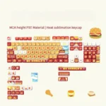 Vibrant McDonald's MOA PBT keycaps set with iconic red, yellow, white fast-food designs, offering angled views for a fun, premium custom keyboard.