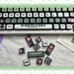 A gallery of Subaru Awa MDA keycaps set from various angles, showcasing their sleek ergonomic MDA profile and vibrant four-sided translucent RGB lighting.