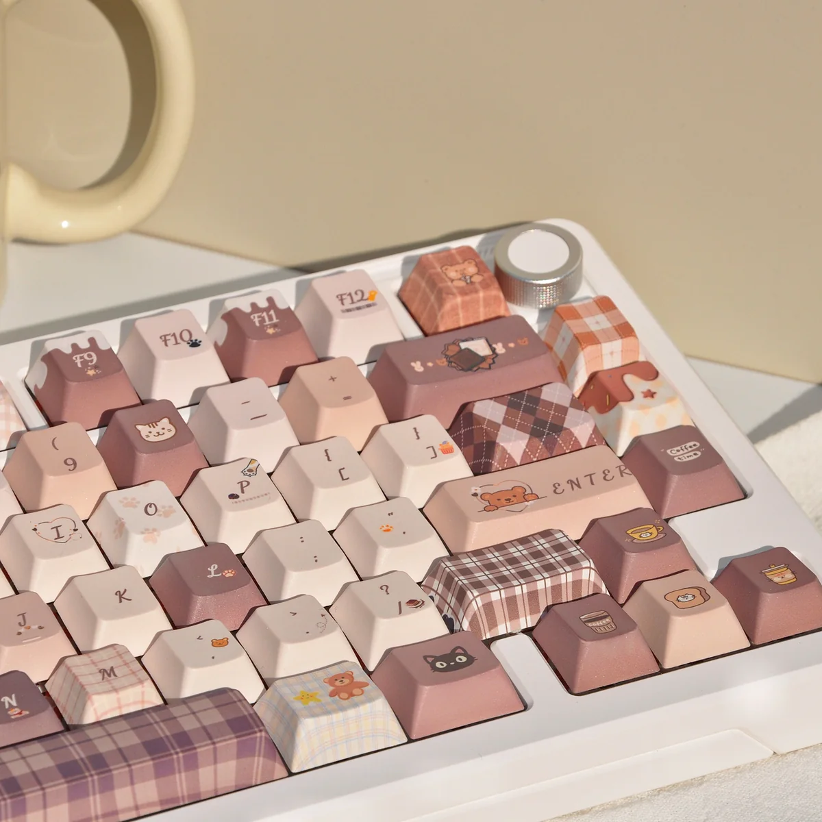 Close-up of the adorable Meow Cafe PBT Dye-Sub Keycap Set, highlighting the detailed pastel feline art on premium PBT keys.