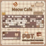 Adorable Meow Cafe PBT Dye-Sub keycap set, featuring side-lit square profile keycaps with charming feline designs and pastel colors.