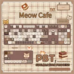 Adorable Meow Cafe PBT Dye-Sub keycap set, showcasing rounded MOA profile opaque keycaps with charming pastel feline designs.