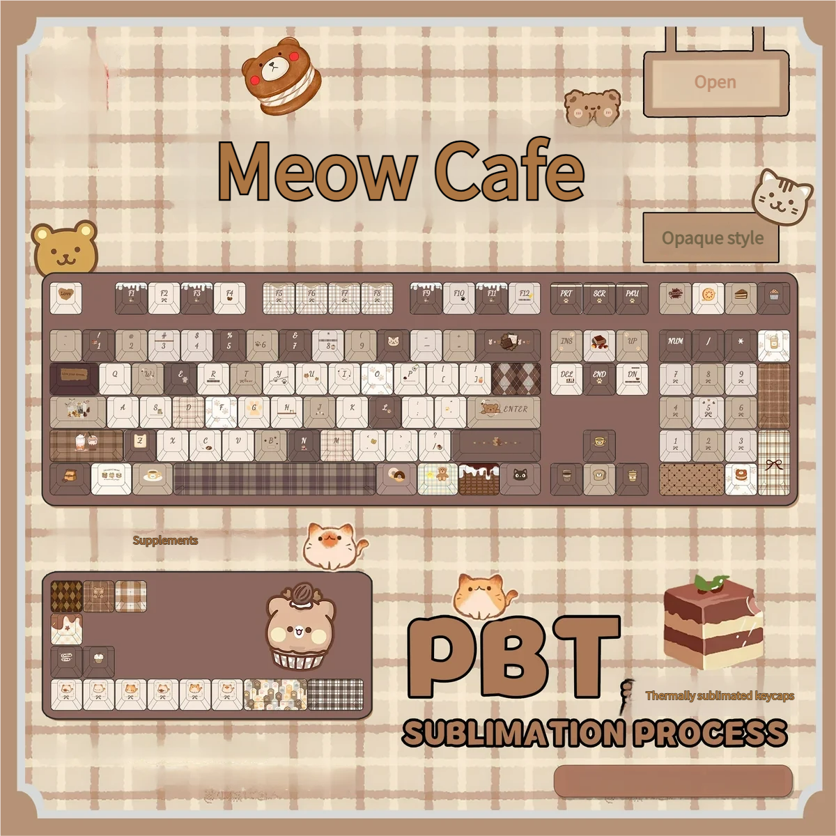 Adorable Meow Cafe PBT Dye-Sub keycap set, showcasing rounded MOA profile opaque keycaps with charming pastel feline designs.