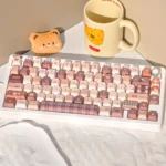 Adorable Meow Cafe PBT Dye-Sub Keycap Set showcasing charming feline characters in a warm, playful pastel palette, a premium cat keycap set.