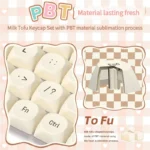 Premium Milk Tofu PBT Dye-Sub keycaps set displayed from multiple angles, highlighting their clean, creamy white, minimalist design with crisp legends.