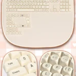 Milk Tofu PBT dye-sub keycaps set displayed from various angles, highlighting their clean, creamy white, minimalist aesthetic and crisp, subtle legends.