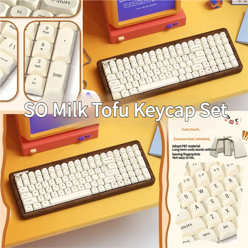 Premium Milk Tofu PBT Dye-Sub keycap set, showcasing a clean, creamy white, minimalist design with crisp legends.