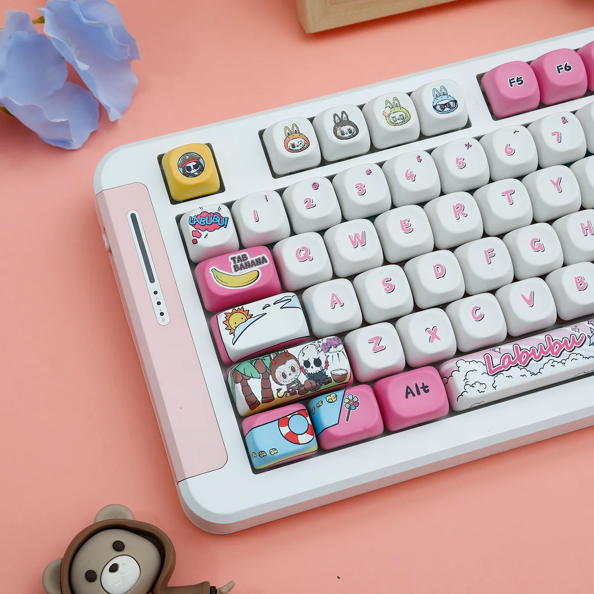 Labubu Mischievous PBT backlit keycaps set from various angles, featuring whimsical characters, vibrant RGB glow, and durable PBT material.