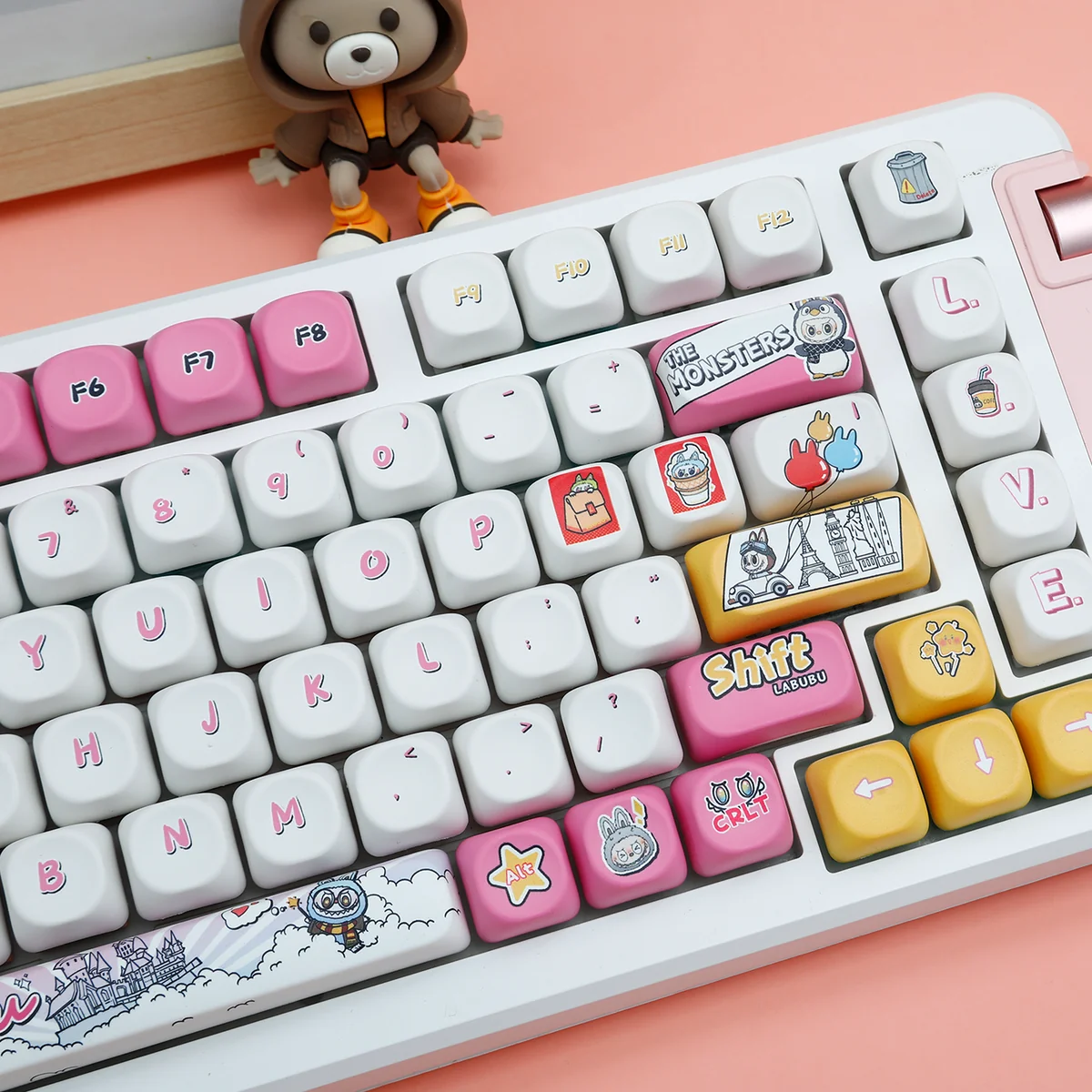 Various angles of Labubu Mischievous PBT Keycaps Set. Highlights playful elf-like designs, durable PBT construction, and vibrant RGB backlit glow for customization.