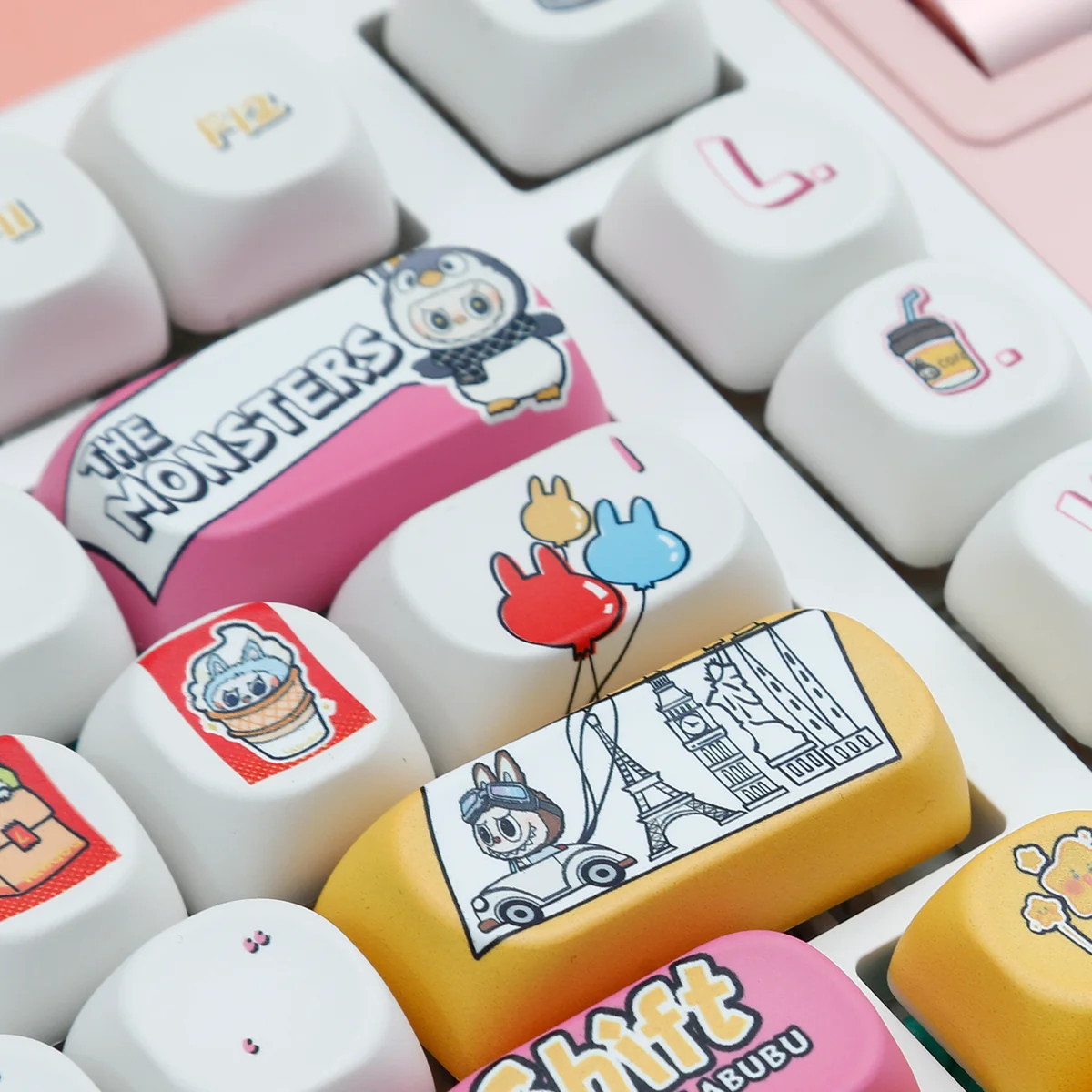 Playful Labubu Mischievous PBT keycaps set, showcasing durable PBT and vibrant RGB glow with whimsical elf-like characters from various angles.