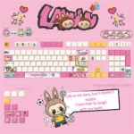 Playful Labubu Mischievous PBT keycaps ste, an original factory front-lit small full set, glowing with vibrant RGB and whimsical character art.
