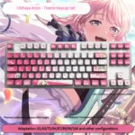 Dynamic MyGO Chihaya Anon glowing PBT keycaps set in a gallery view, highlighting their all-sided translucent material from various perspectives.