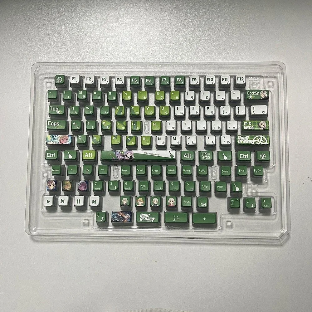 Vibrant MYGO Rana Kaname Luminous PBT keycap set shown from multiple angles, highlighting exclusive anime character art and stunning all-side RGB illumination.