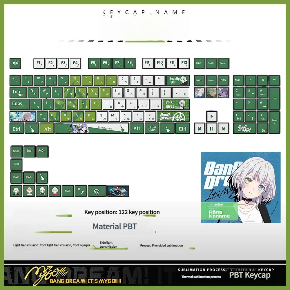 MYGO Rana Kaname Luminous PBT keycaps set showcase vibrant anime-inspired character art with stunning all-side RGB light-through illumination.