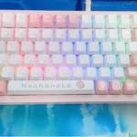 Nachoneko PBT Anime Keycaps set, displaying a playful mix of dreamy pastel pink, purple, and blue with kawaii cat girl illustrations and stars.