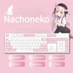 Kawaii Nachoneko PBT anime keycaps set, an opaque original factory full set in dreamy pastel pink, purple, and blue with stars.
