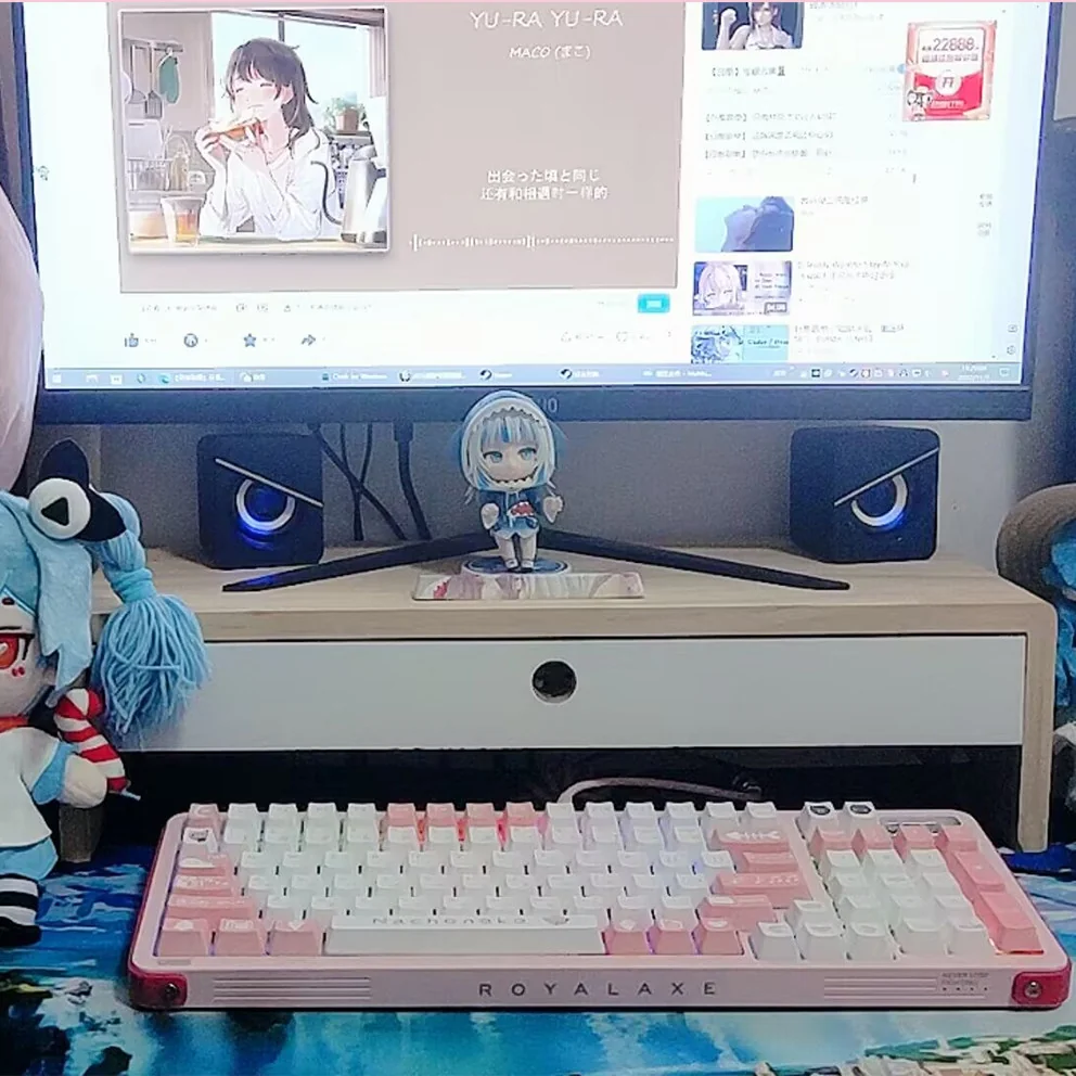 Nachoneko PBT Anime Keycaps set with dreamy pastel pink, purple, and blue designs, featuring cute cat girls and stars.