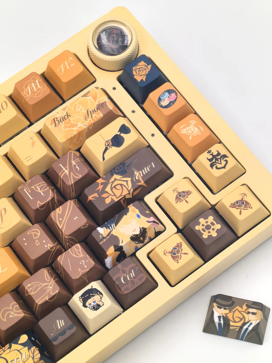 Exclusive Navia Elegance custom mechanical keycaps set, beautifully displayed from multiple angles with intricate amber, gold, and black rose motifs.