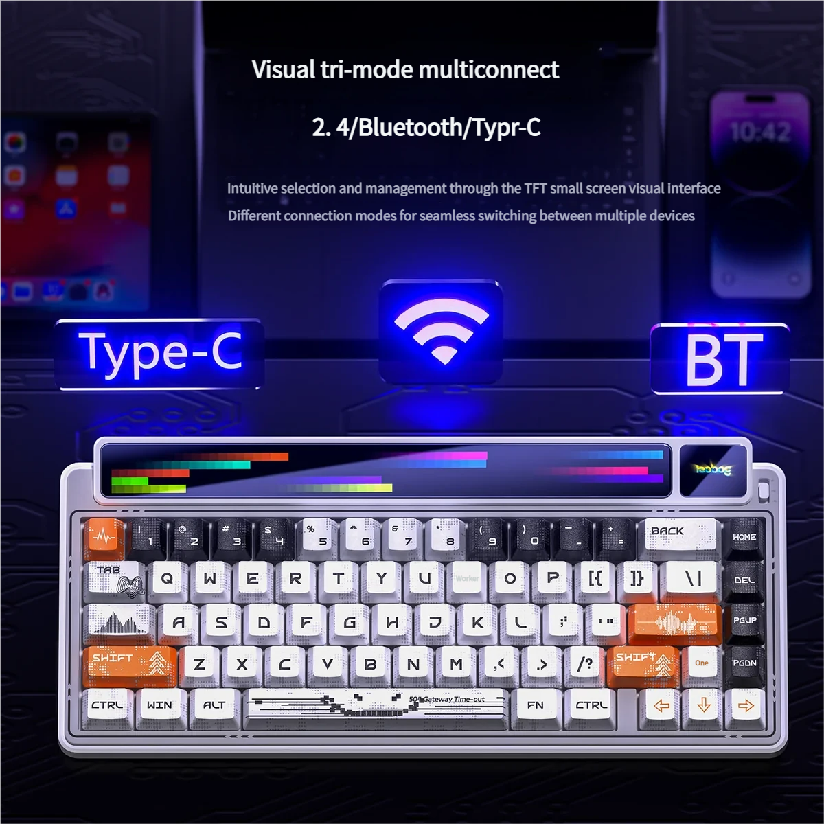 A gallery of the premium North Star AMG65 Smart Screen Tri-Mode Wireless Mechanical Keyboard showcasing its customizable smart screen, vibrant RGB lighting.