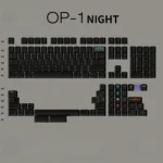 Pure black OP-1 Night PBT keycaps set captured from a unique angle, highlighting their sleek, iconic minimalist design, durable PBT construction, and crisp legends.