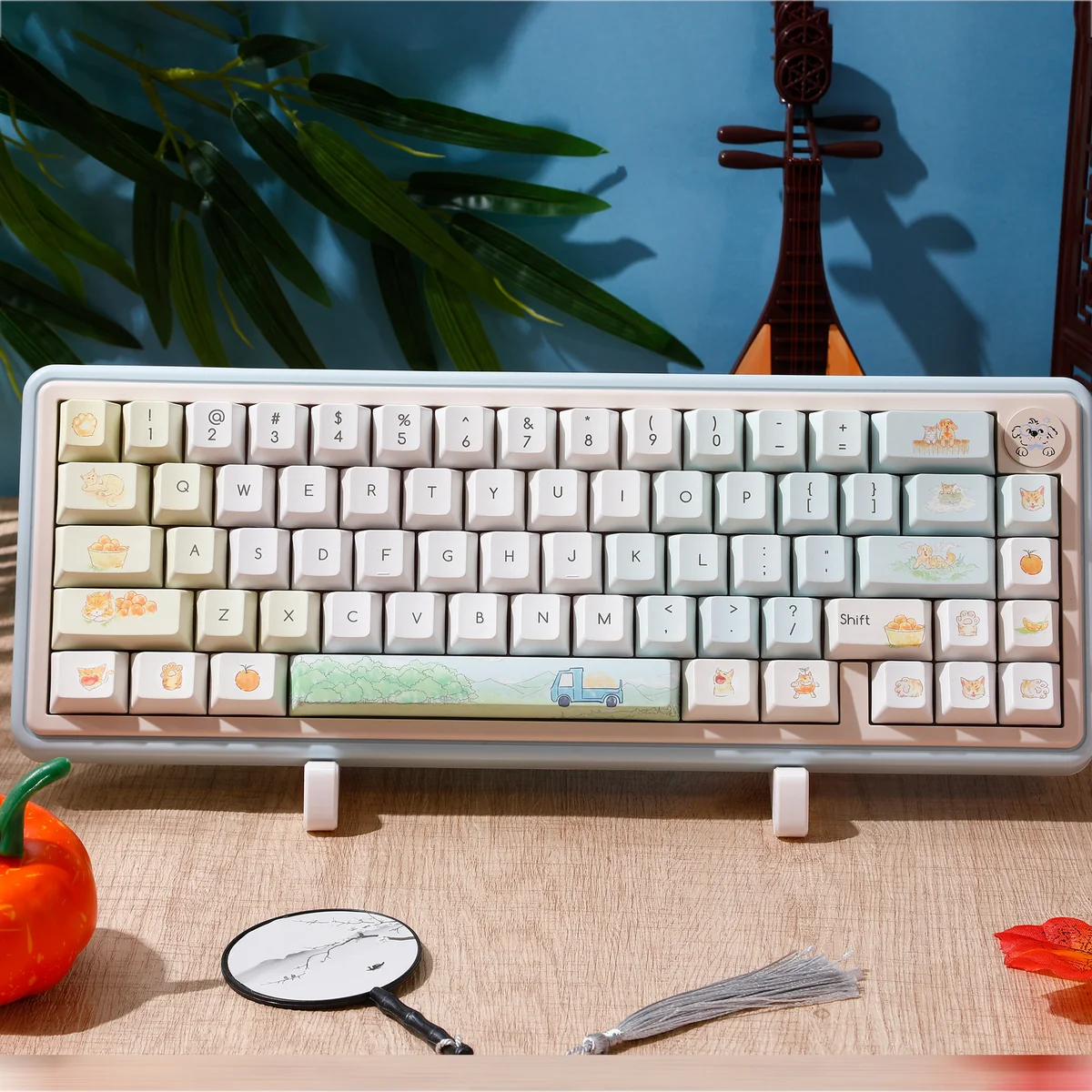 Whimsical Summer Orange Cat PBT Keycap Set main image, showcasing playful orange cat keycaps with vibrant, soft pastel summer illustrations.