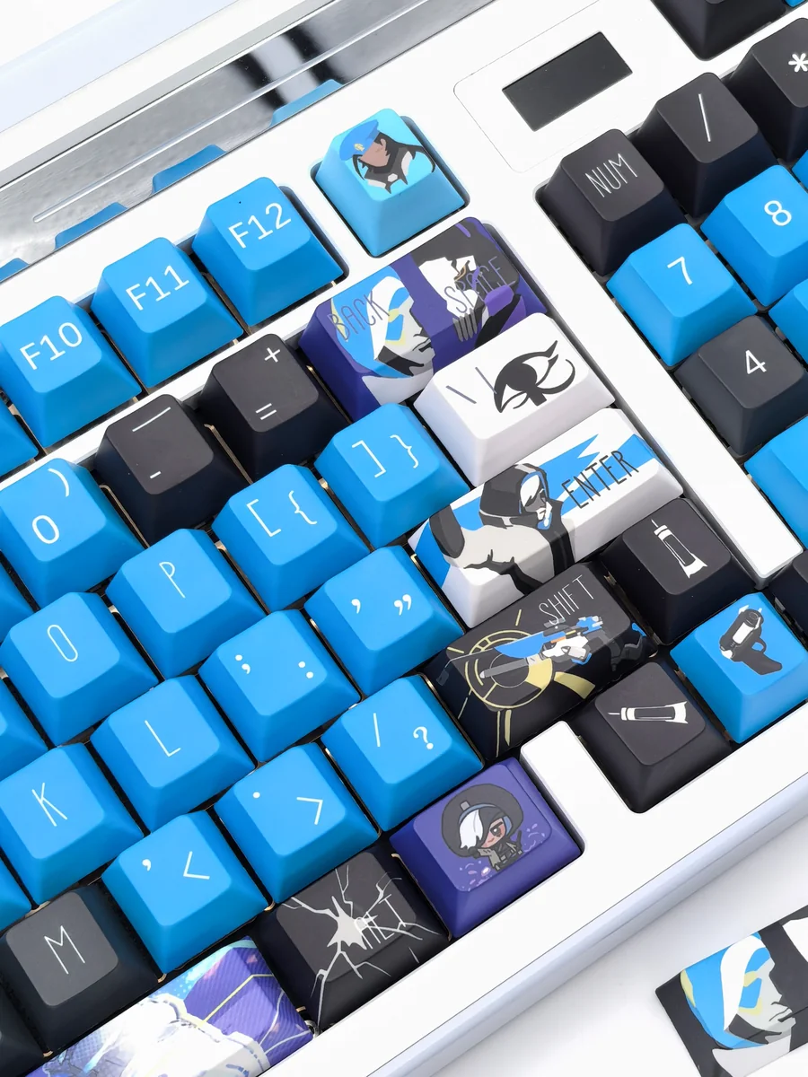 Exclusive Overwatch Ana keycap set: Vigilant Spirit design. Various angles reveal intricate character details and premium color palette.