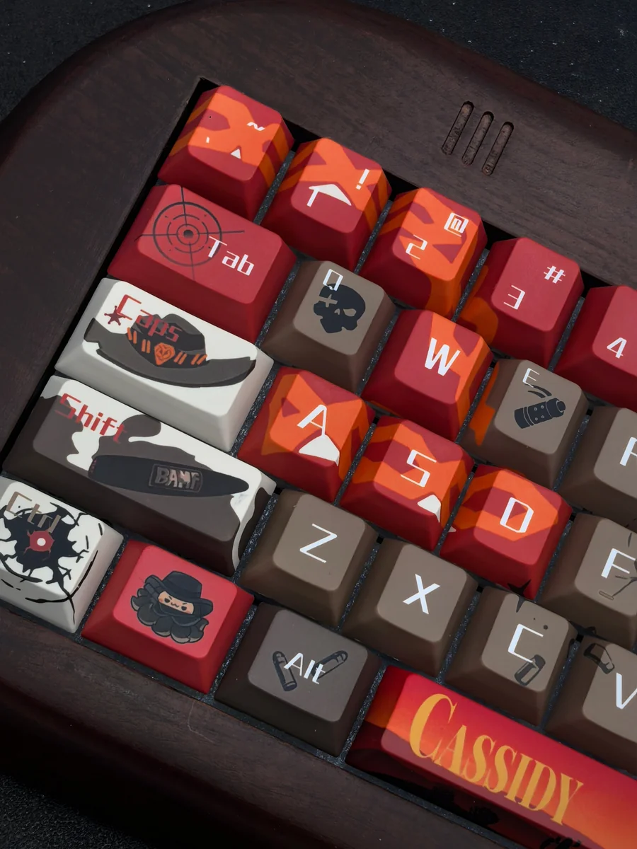 Detailed view of the handcrafted Overwatch Cassidy keycap set, highlighting iconic character elements and its rugged Western aesthetic from a top-down perspective view.