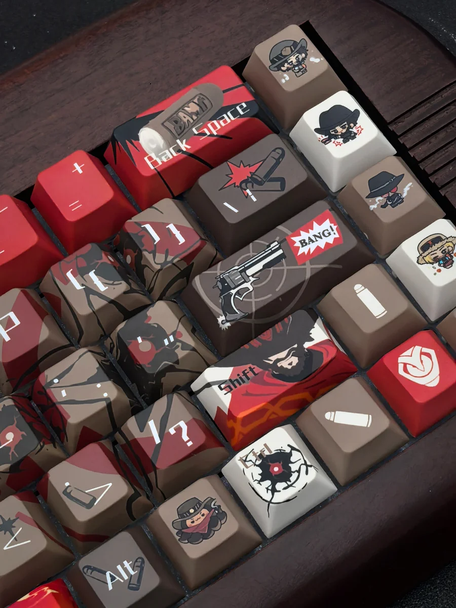 Close-up of the handcrafted Overwatch Cassidy artisan keycap set, showcasing its rugged Western details and intricate craftsmanship from multiple angles.