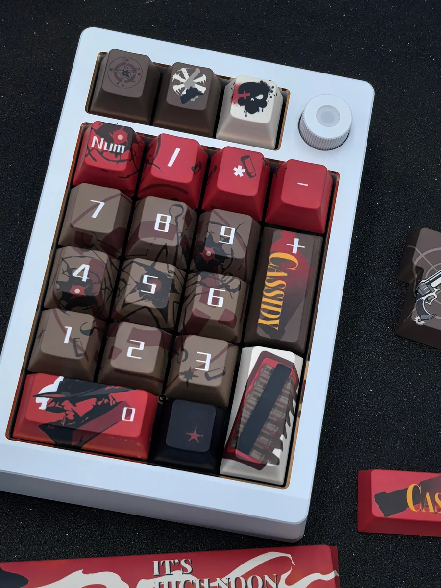 Side view of the premium handcrafted Overwatch Cassidy keycap set, showcasing its iconic rugged Western design and meticulous artisan craftsmanship.