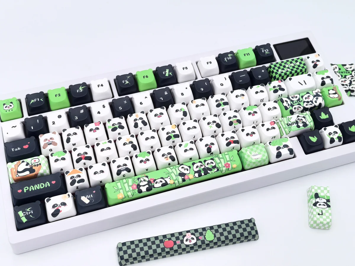 An exquisite handcrafted panda artisan keycap set, a whimsical miniature panda sculpture, bringing iconic black and white charm to a mechanical keyboard.