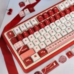 Vibrant Cherry Day PBT dye-sub keycaps set, showcasing cheerful red and white Cherry profile with whimsical cherry legends from playful angles.