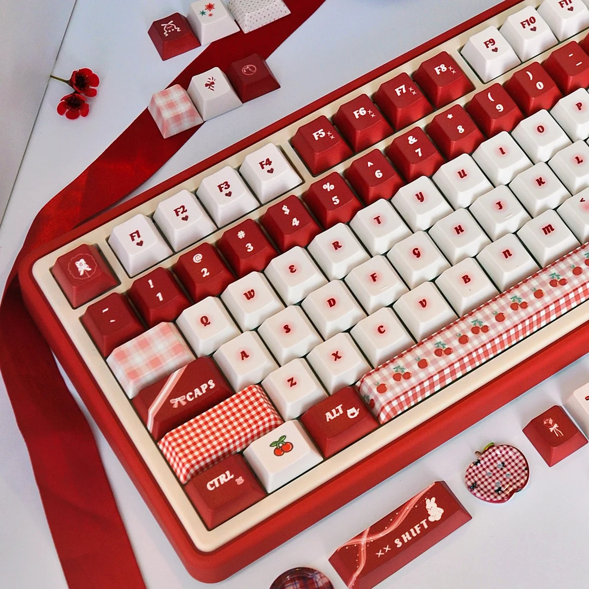 Vibrant Cherry Day PBT dye-sub keycaps set, showcasing cheerful red and white Cherry profile with whimsical cherry legends from playful angles.