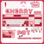 Cheerful Cherry Day PBT keycap set showcasing vibrant red and white dye-sublimated legends and a comfortable Cherry profile from various angles.
