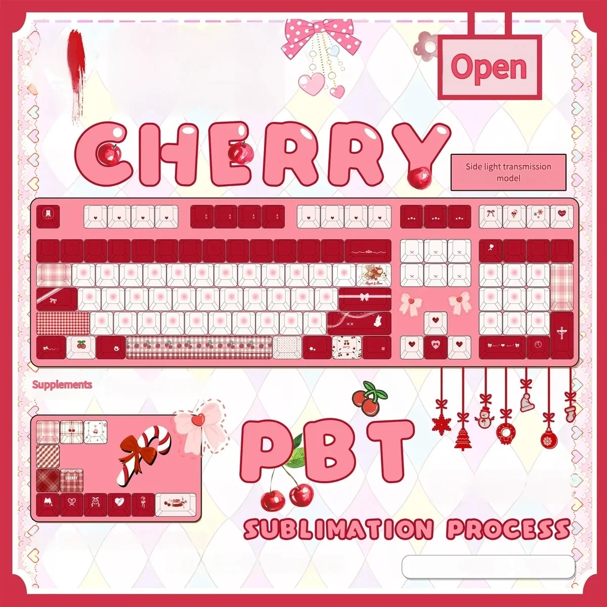 Vibrant Cherry Day PBT Dye-Sub keycap set with square, side-lit keycaps, showcasing cheerful red and white cherry-themed legends for playful setups.