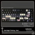 A gallery of Dark Reverie PBT Keycap Set images showcasing its durable dye-sublimated legends and elegant dark aesthetic from various angles, perfect for gamers.