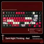 Dark Reverie PBT Keycap Set, durable dye-sublimated. Multiple angles reveal elegant dark aesthetic, mysterious colors, evoking nocturnal sophistication design.