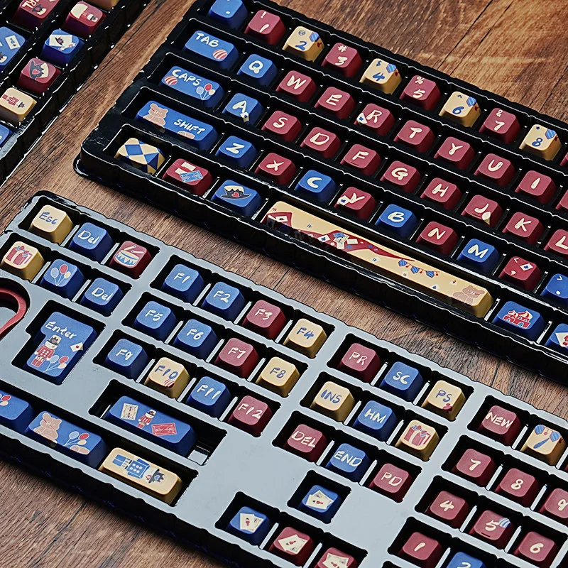 Close-up of the premium Cozy Comfort Nutcracker PBT keycap set, showcasing its unique earthy walnut tones and rustic, natural aesthetic.