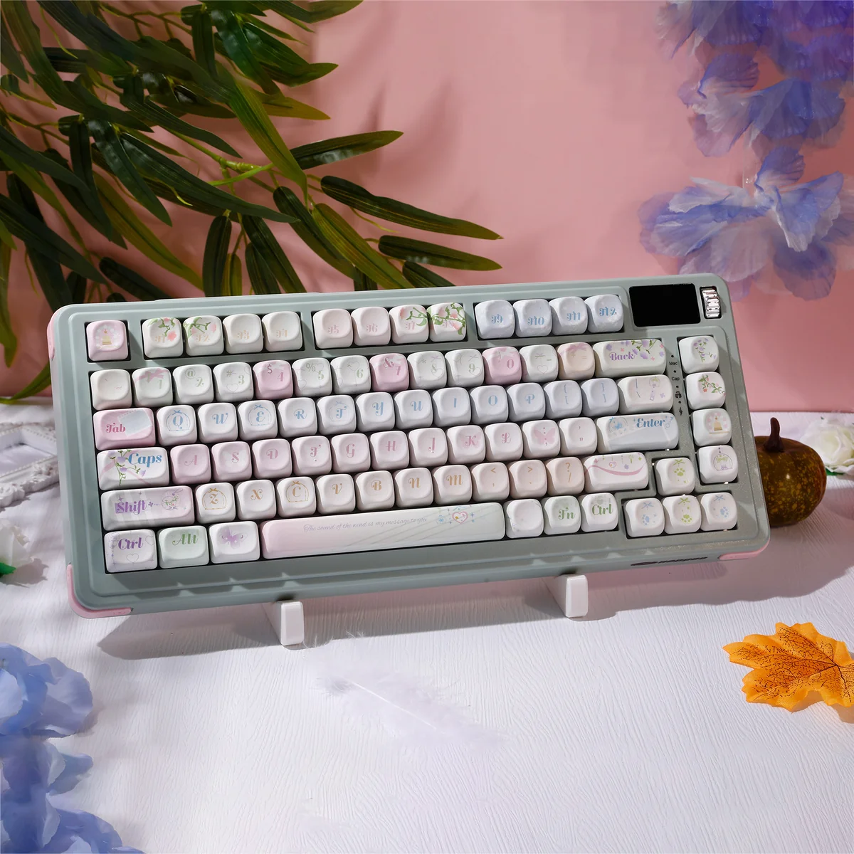 Whimsical Wind Chime Dream PBT Keycap Set featuring a durable PBT build and ethereal blue-pink gradient with delicate cloud motifs.