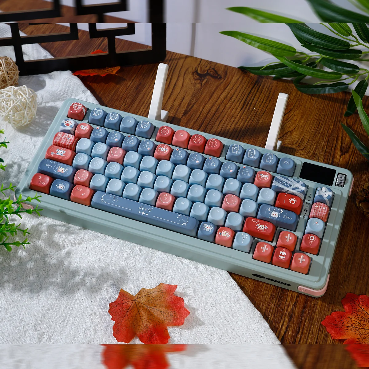 PBT Keycaps Set showcasing their unique profile and minimalist dark fantasy design. Deep tones and mysterious legends are captured from various angles.