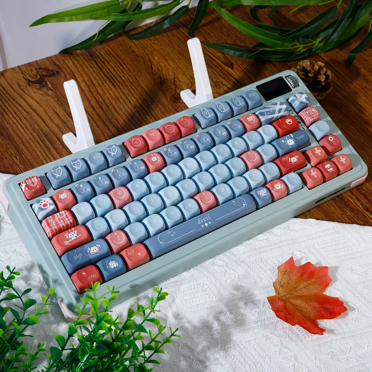 A close-up view of Devil's Nocturne PBT keycaps set, highlighting their unique sculpted profile and minimalist dark fantasy legends.