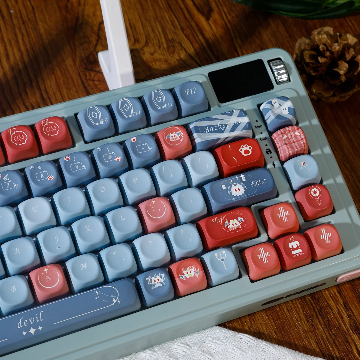 Devil's Nocturne PBT keycaps set gallery showcasing their unique profile, deep tones, and minimalist dark fantasy legends from various artistic angles.