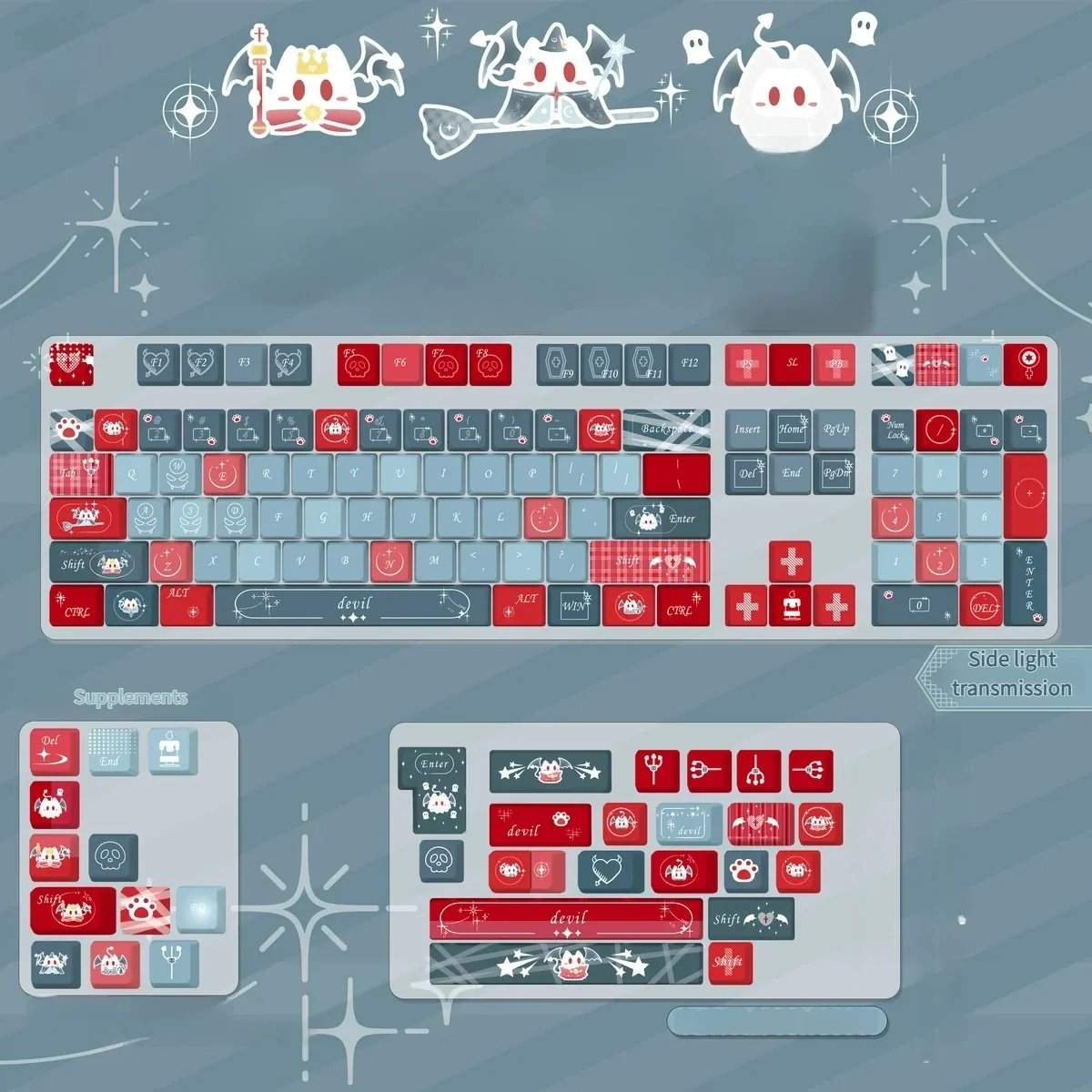 Devil's Nocturne PBT keycaps set with unique side-lit legends and a distinctive square shape, embodying the minimalist dark fantasy theme.