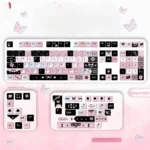 Artistic black and vibrant pink PBT keycaps set with enigmatic dye-sub legends, showcasing an OEM opaque profile for a unique keyboard aesthetic.