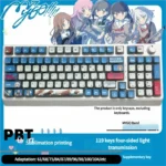 Vibrant RGB PBT MyGO Band Theme keycap set, MDA profile, from multiple angles. Their playful translucent design brilliantly illuminates RGB backlighting design.