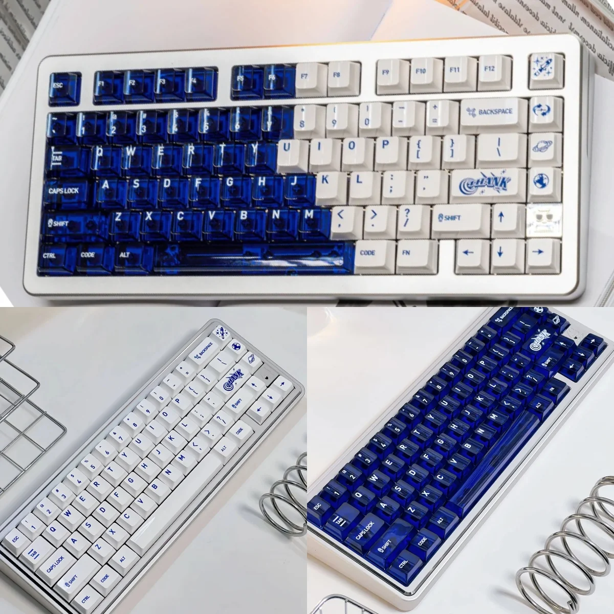 Striking Luminous Acid Blue White PC keycaps set, featuring translucent blue and opaque white for a vibrant, modern, illuminated setup.